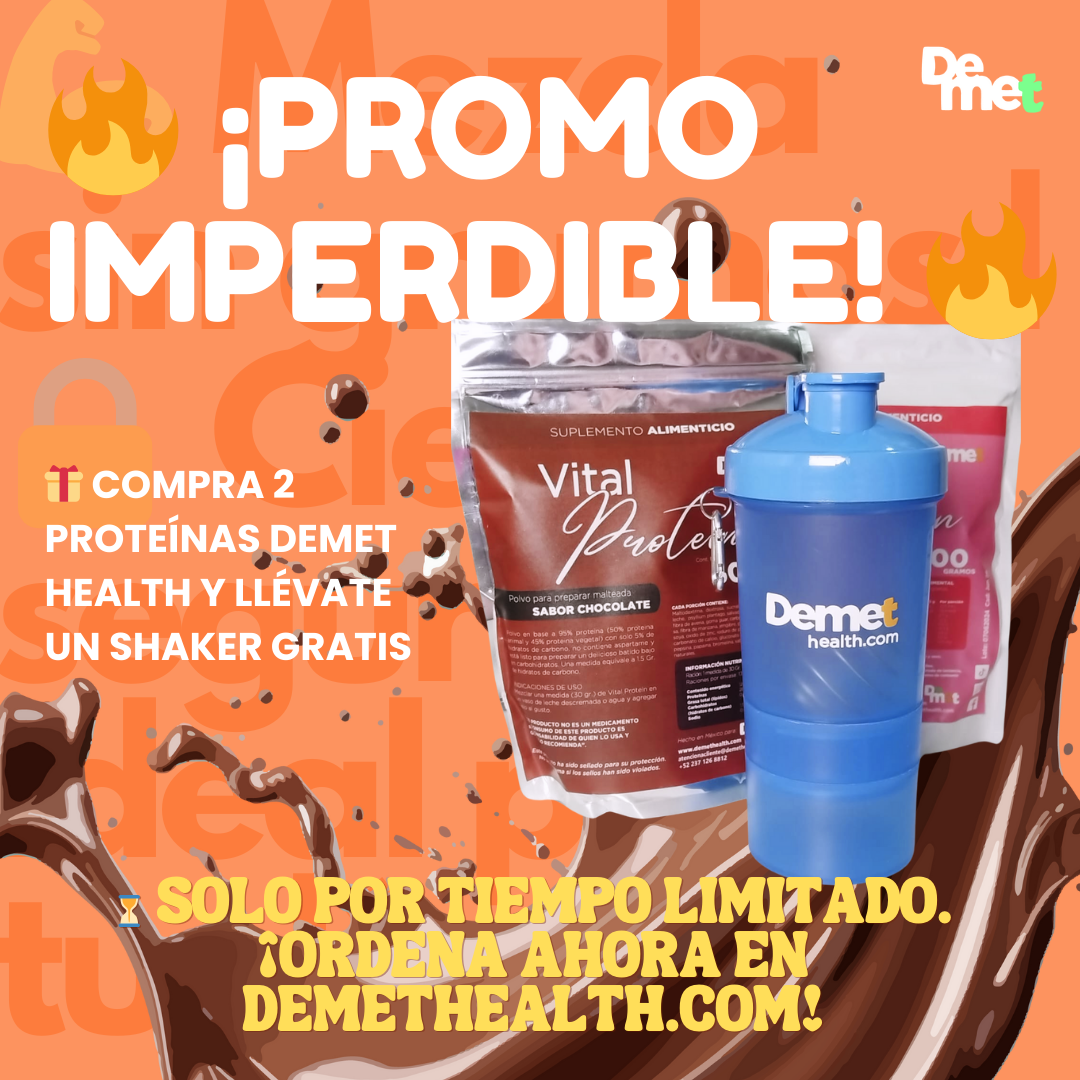 Compra 2 proteínas Demet Health y recibe un Shaker ProMix GRATIS 🥤✨